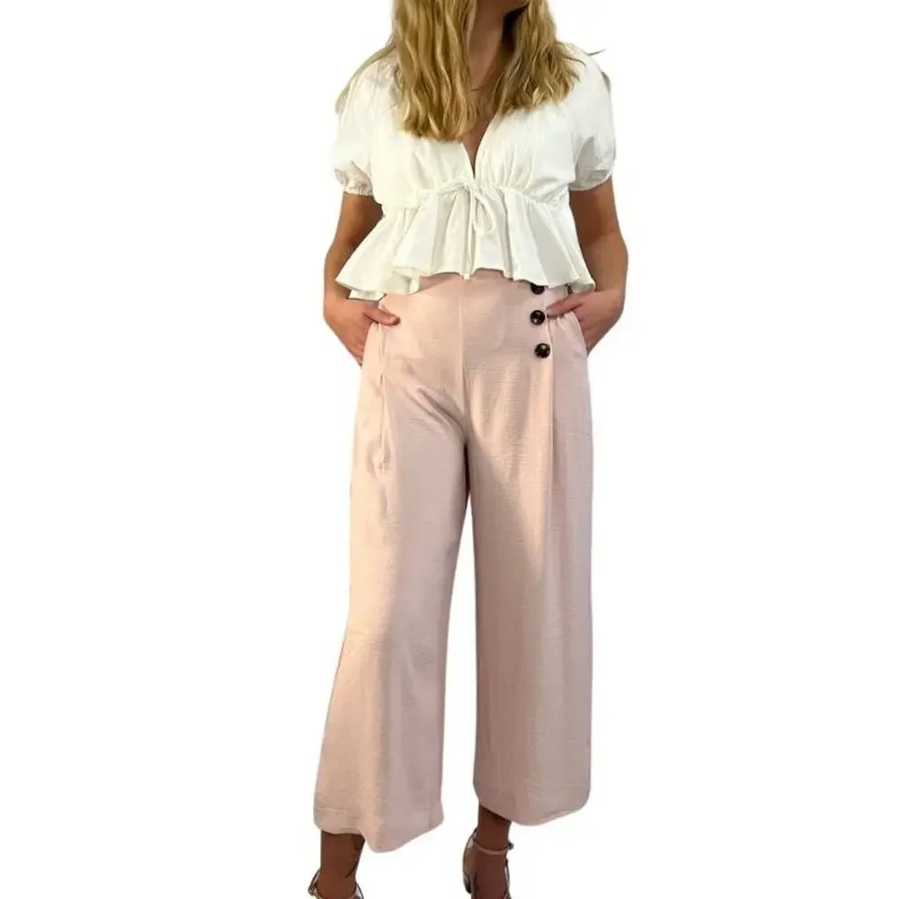 New Pink Wide Leg Pull On Ankle Length Flowing Pants with Pockets - Picture 2 of 3